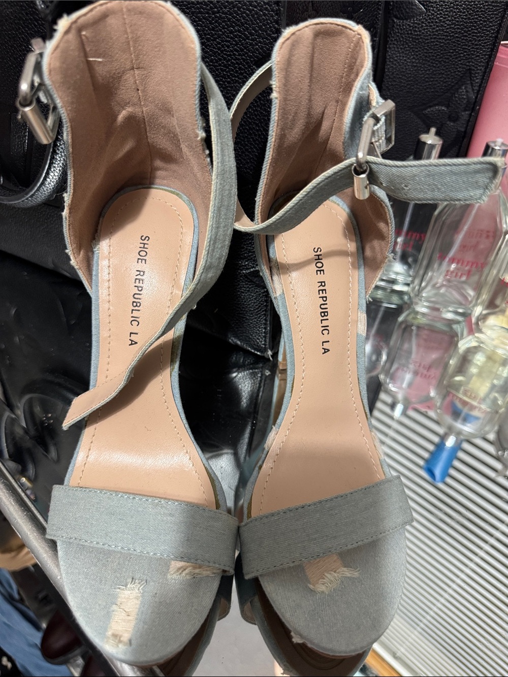 Shoe Republic LA Light Gray Ankle-Strap Heeled Sandals